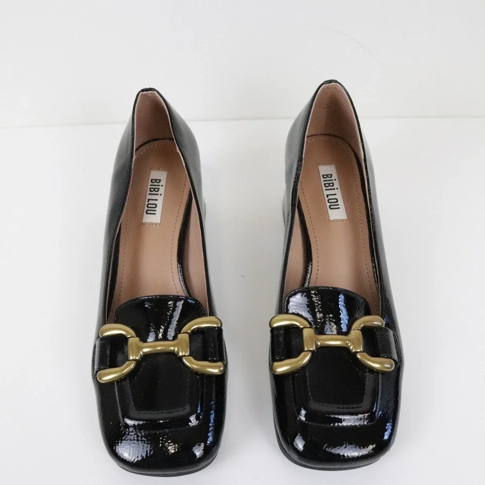 Anthropologie Bibi Lou Valencia Loafer Pumps Heels Black Patent Leather 37 6.5